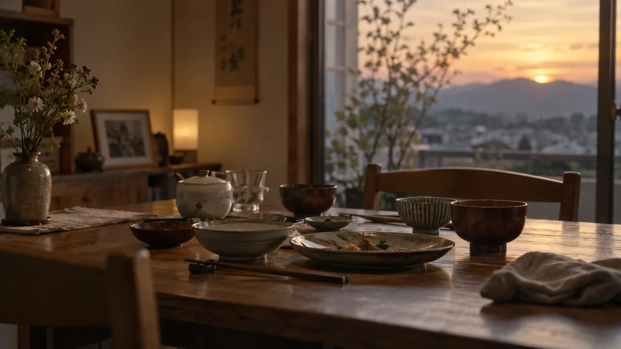 夕暮れの食卓と遠い山々