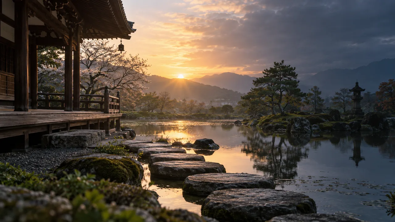 朝焼けの寺庭園と水面の光