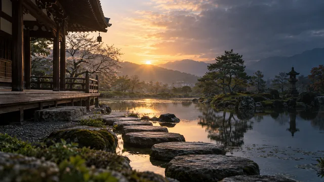 朝焼けの寺庭園と水面の光