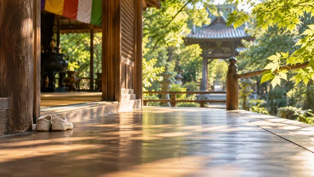 木造寺院の縁側と小さな靴
