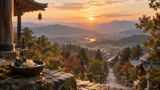 夕暮れの寺と椿の水鉢
