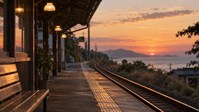 夕暮れの静かな駅と海景
