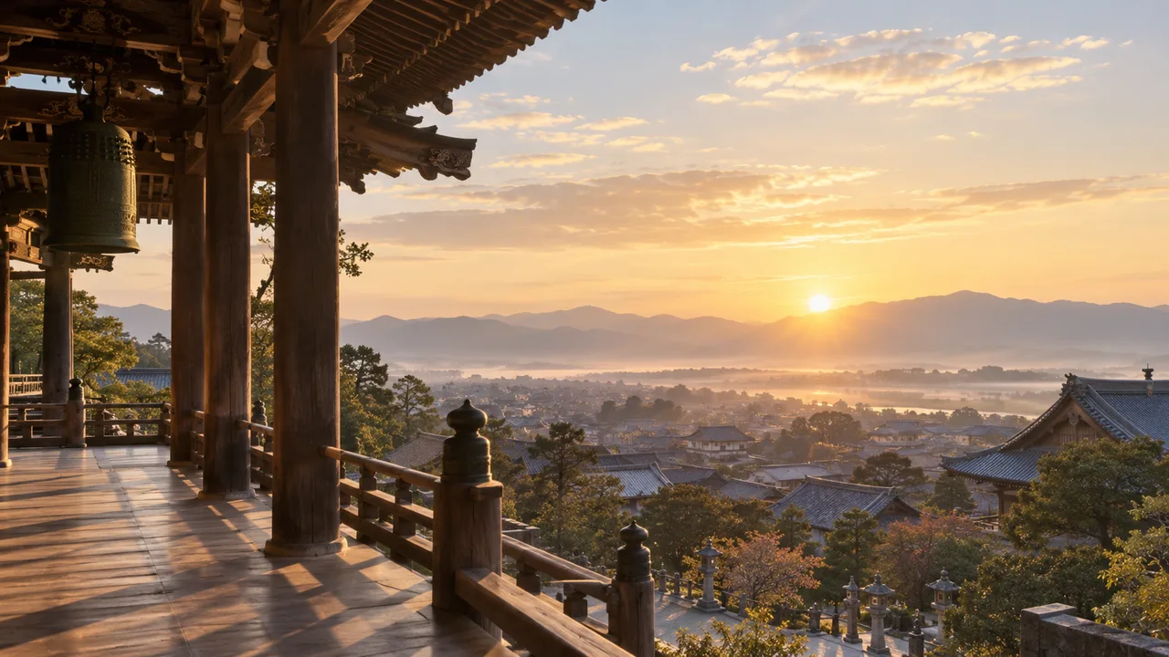 朝霧に包まれた寺院の朝景