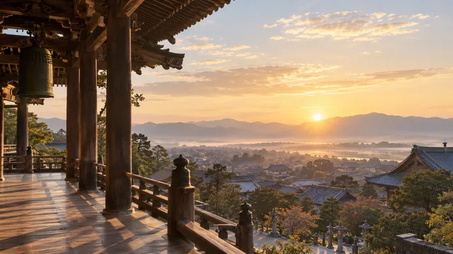 朝霧に包まれた寺院の朝景