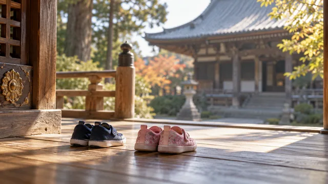 寺院の縁側に並ぶ小さな靴