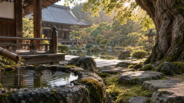 黄金色の光に包まれた寺院庭園